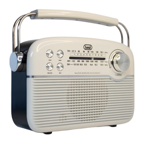 Trevi RA 7F50 BT Hordozható vintage napelemes rádió, Bluetooth-tal, USB és SD kártya bemenettel krémfehér színben 
