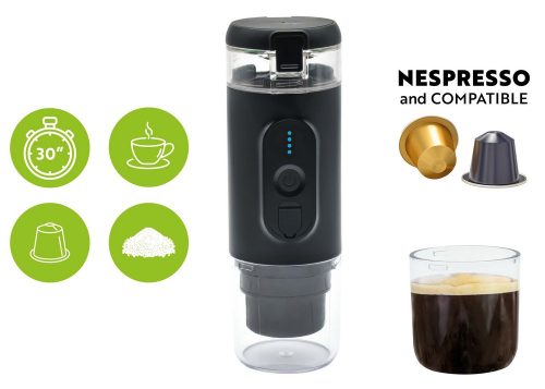 Phonocar 04991 hordozható kávéfőző Nespresso kapszulához és őrölt kávéhoz, autós, 7500 mAh akkumulátorral